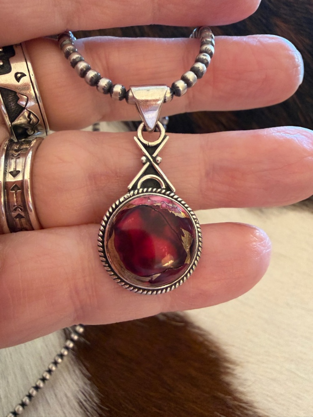 ❤️ Red Dahlia Kingman Turquoise Pendant 925 Navajo Style Geometric Design 1.42”L